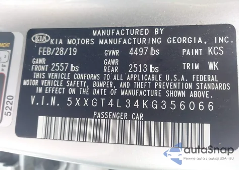 2019 Kia Optima Lx from USA, damaged, VIN 5XXGT4L34KG356066